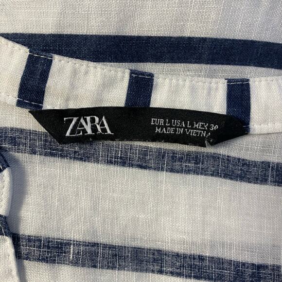 Zara Striped Blue White Oversized Linen V Neck Shirt Size L‎ Coastal Nautical - Picture 2 of 7